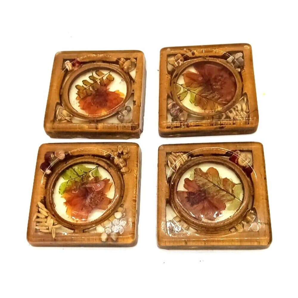 Vintage Design Gifts Set Of 4 Lucite Pressed Floral & Seeds MCM Drink Coasters